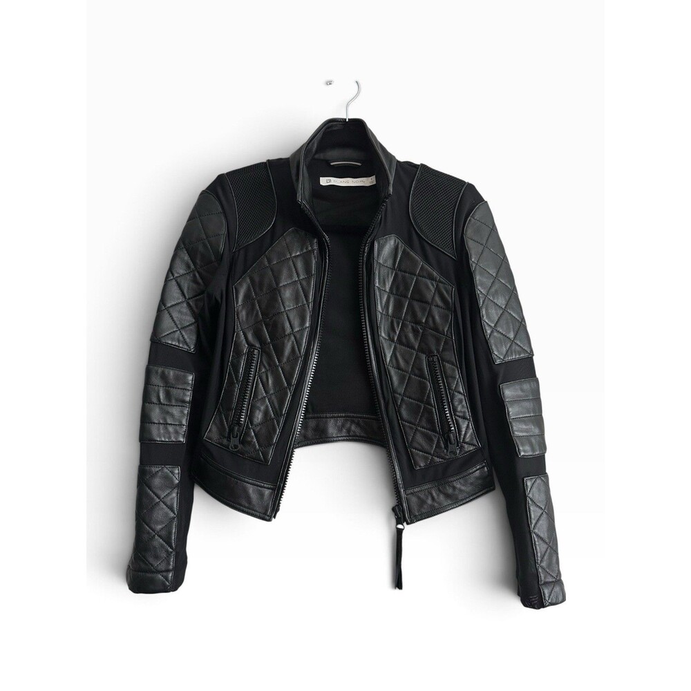 Blanc Noir Mesh Moto Leather Jacket Black S Lace Up Back, Quilted